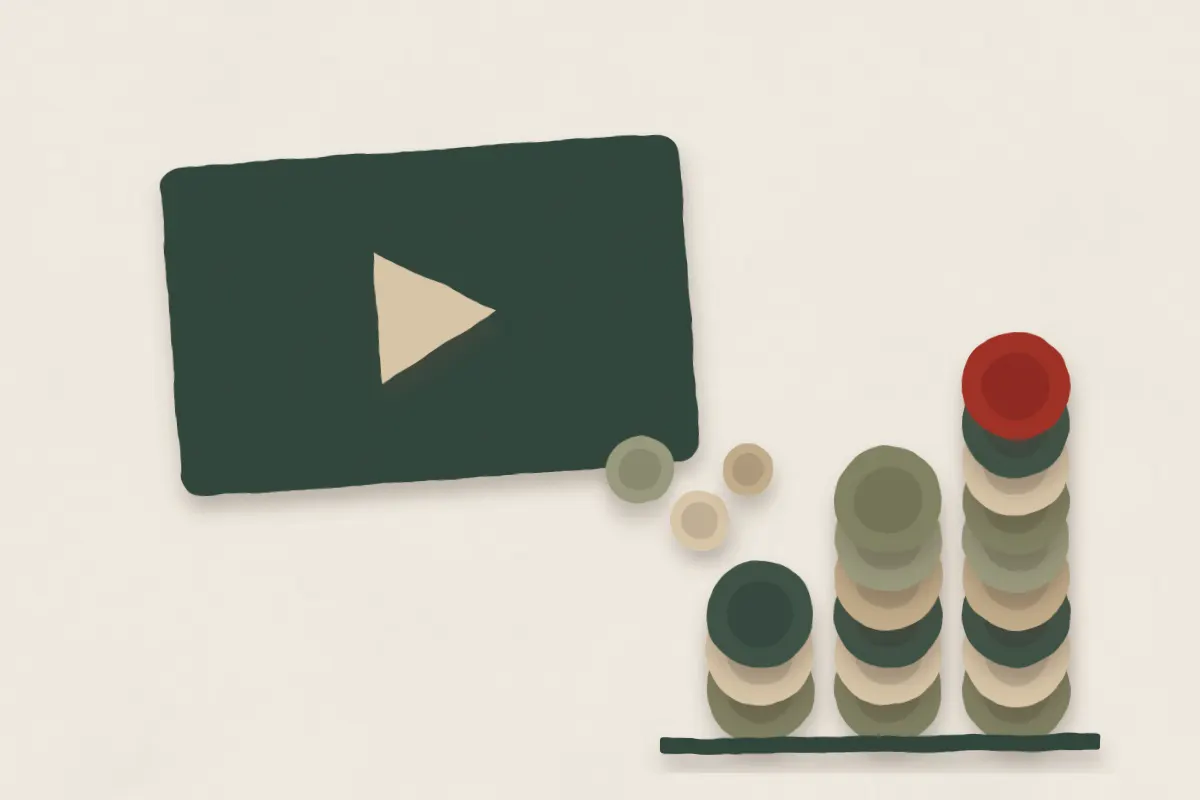 A paper video frame with coins spilling out into three rising stacks