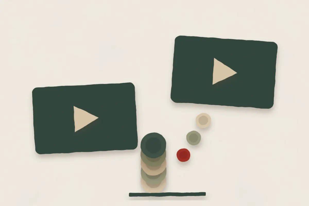 Two paper video frames, coins dropping from one into a stack beside the other
