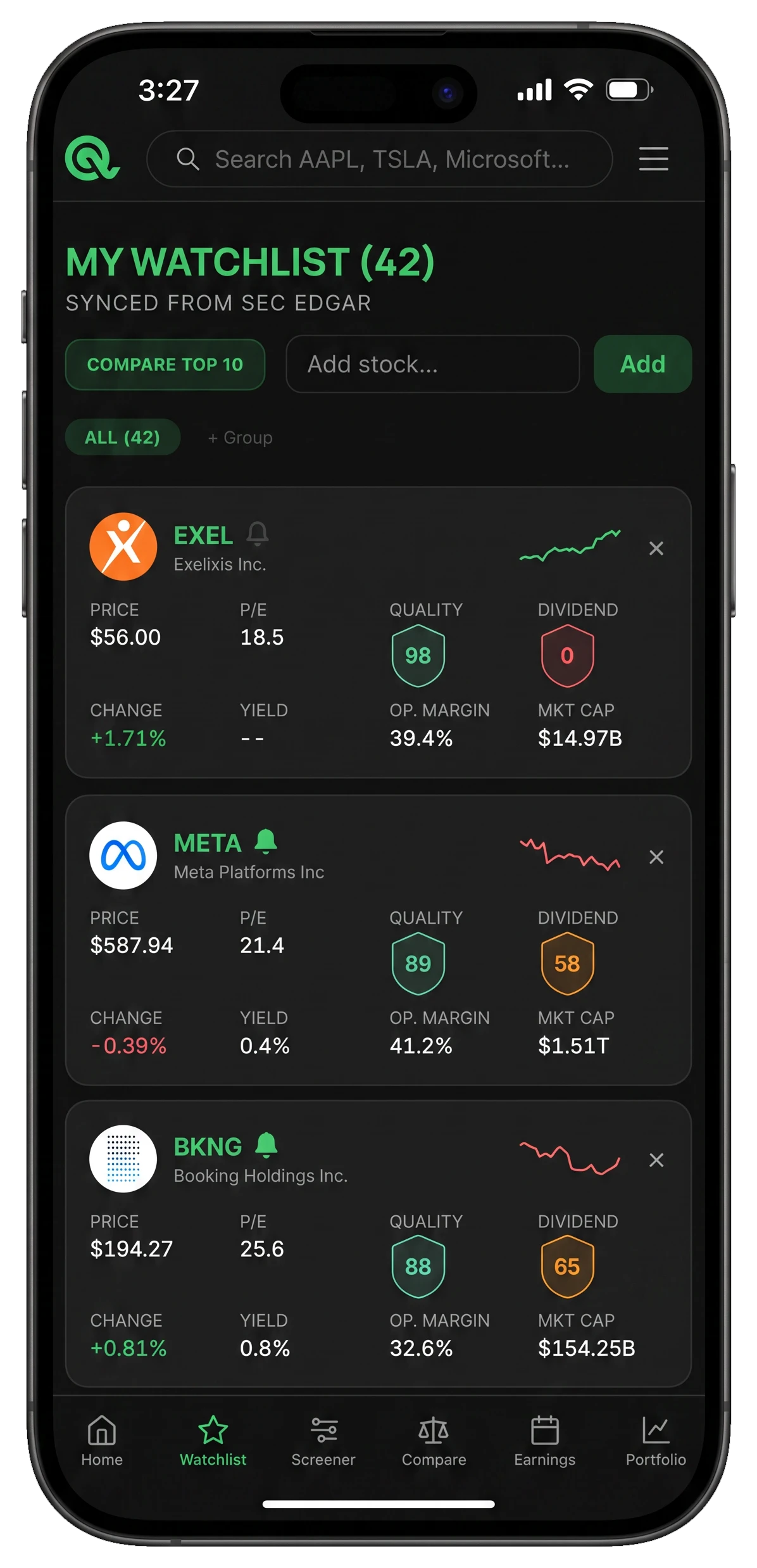 Intrinsiqq's watchlist on an iPhone, showing tickers with live price, P/E, quality score and dividend for each stock.
